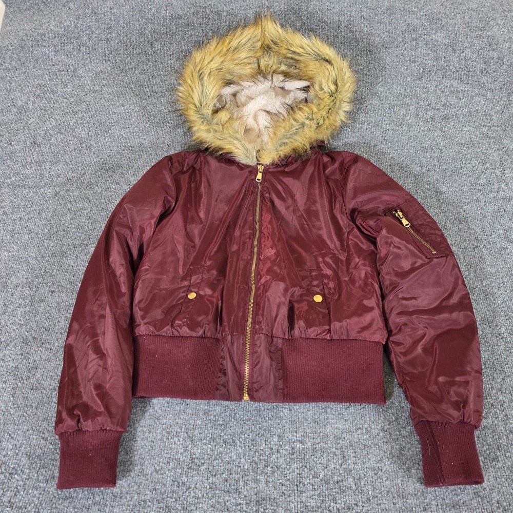 2000s Y2K rue21 Womens Burgundy Faux Fur Hooded Bomber Puffer Jacket Sz M Zip Up